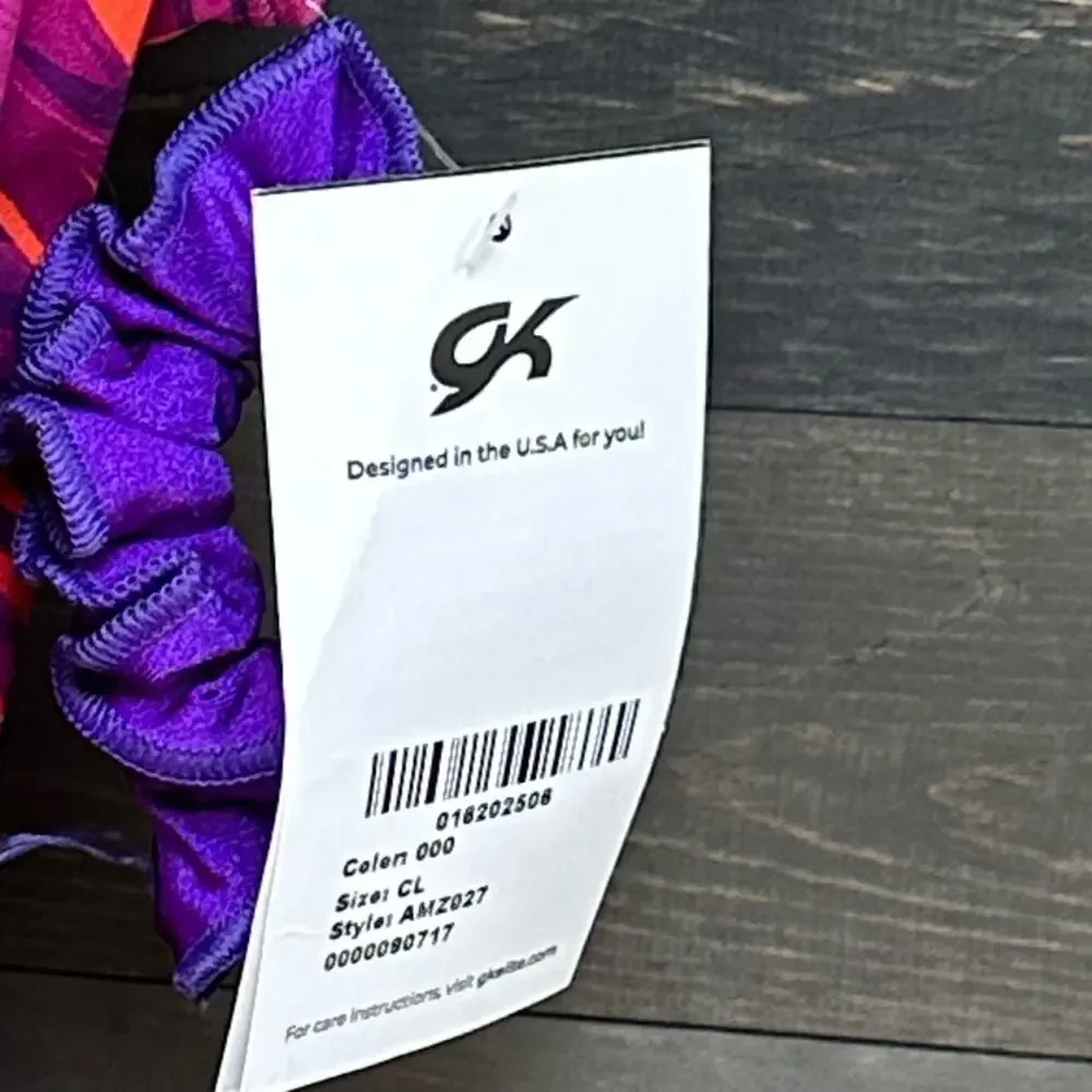 GK ELITE NWT Gymnastics Leotard ROYAL JESTER Show Stopper Purple Orange Child L